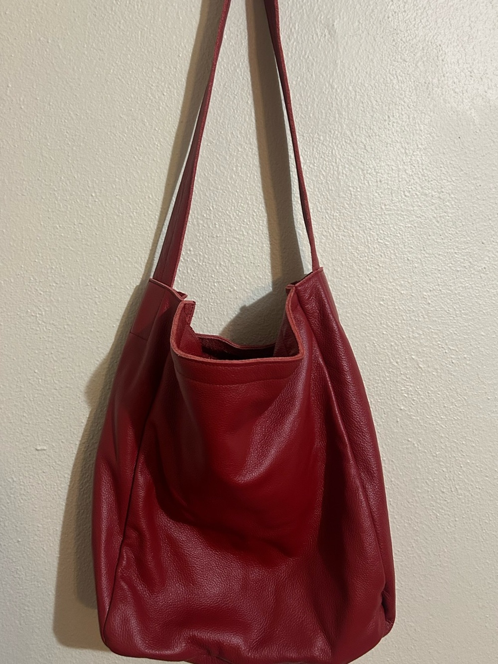 Ruby Red Leather Shoulder Bag Hobo Tote Soft Butter Chic Pop of Color